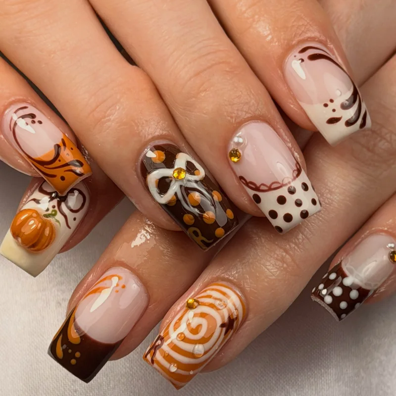 Square nails with fine autumn designs in cream and brown, including pumpkins, bows, dots, and swirls.