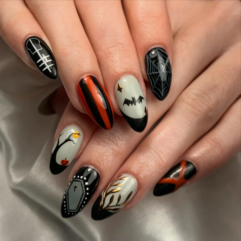 Black, orange, and ivory almond nails with fine spiderwebs, ghosts, stripes, and coffin details.